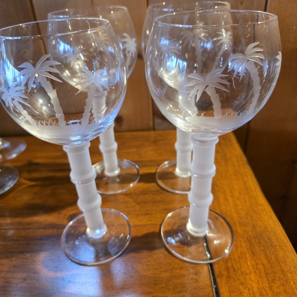 Wells Hand Blown Etched Palm Trees With Frosted Bamboo Stem Wines Set Of 4-